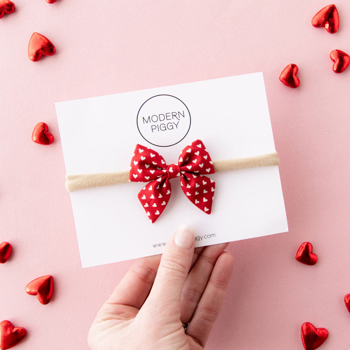 Modern Piggy Seasonal Mini Piggy Bow - Nylon Headband - Be Mine