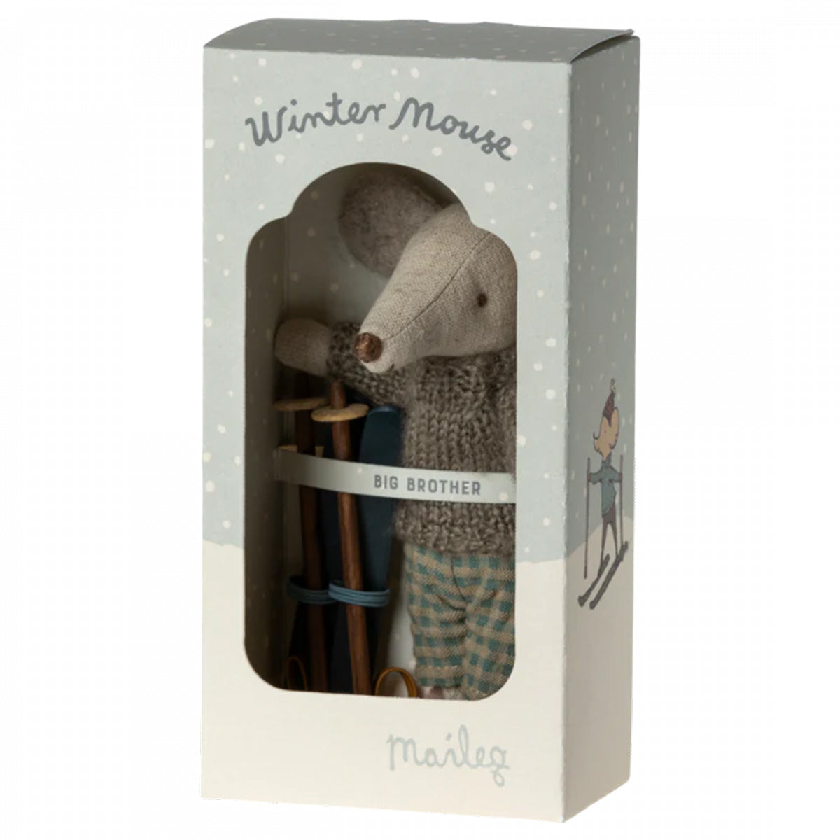 Maileg Big Brother Winter Mouse with Ski Set - Grey and Blue