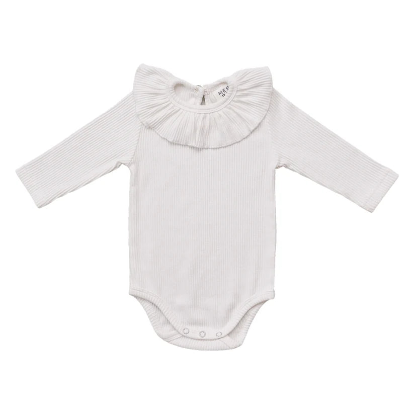 Mebie Baby White Ribbed Ruffle Bodysuit
