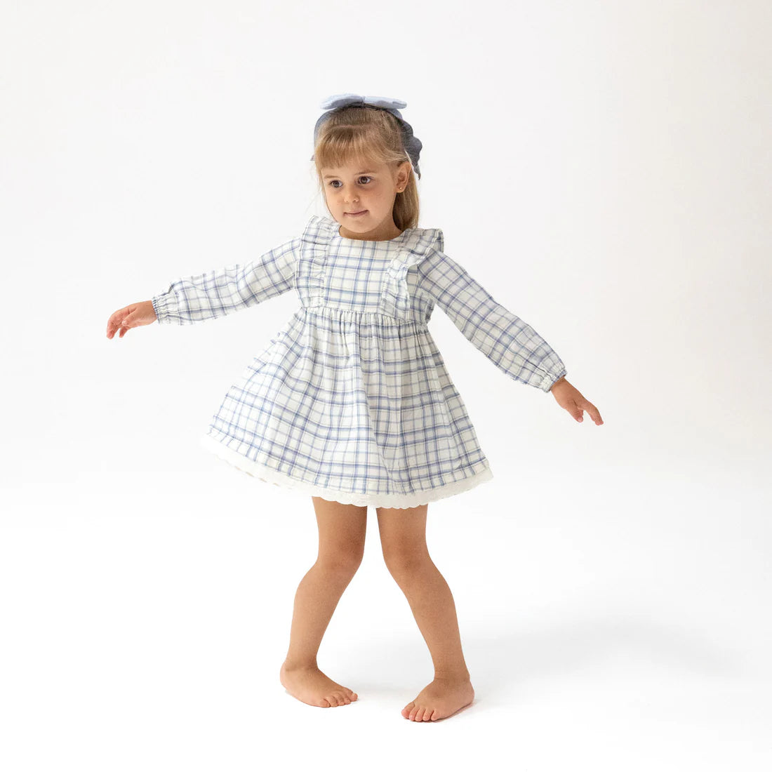 Angel Dear Longsleeve Dress with Eyelet Hem and Diaper Cover - Blue Plaid