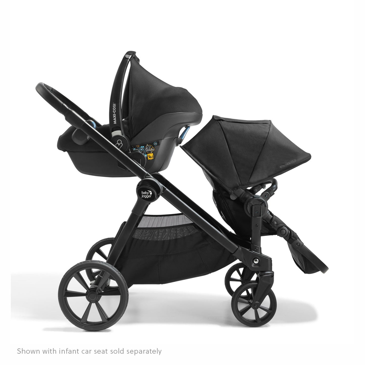 Baby Jogger City Select 2 Stroller - Lunar Black in double mode with infant car seat