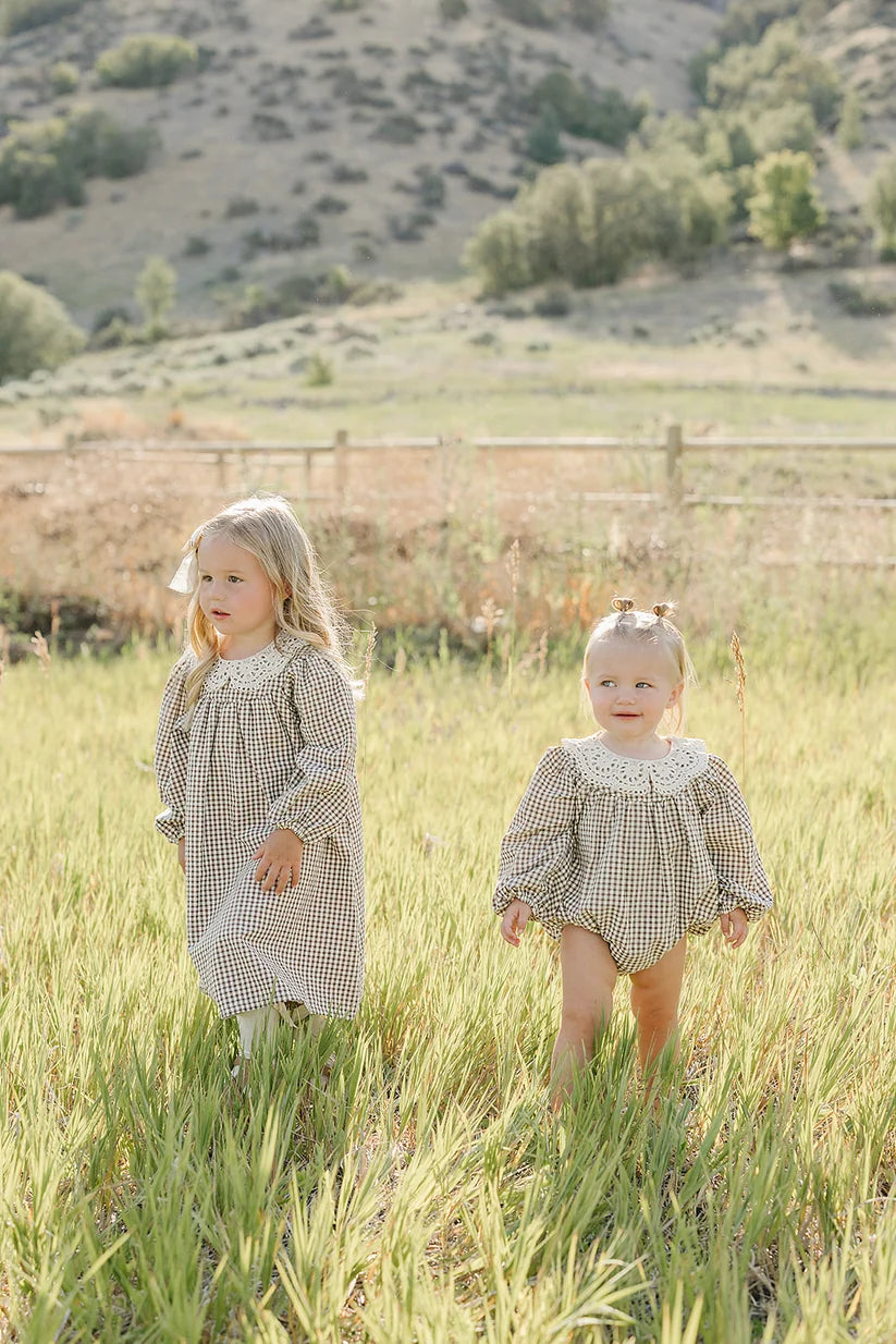Mebie Baby Camel Gingham Lace Dress