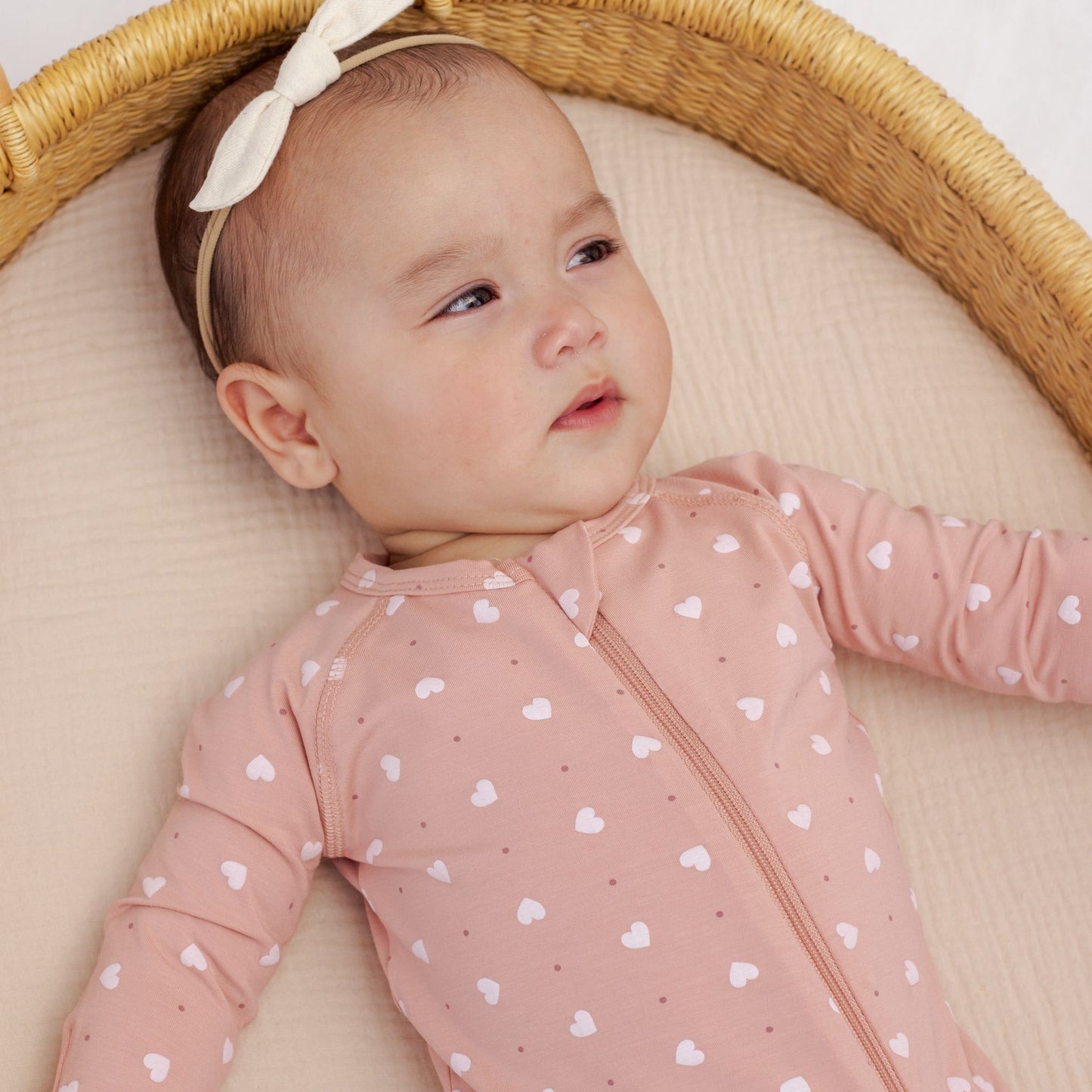Quincy Mae Bamboo Zip Footie - Pink Hearts