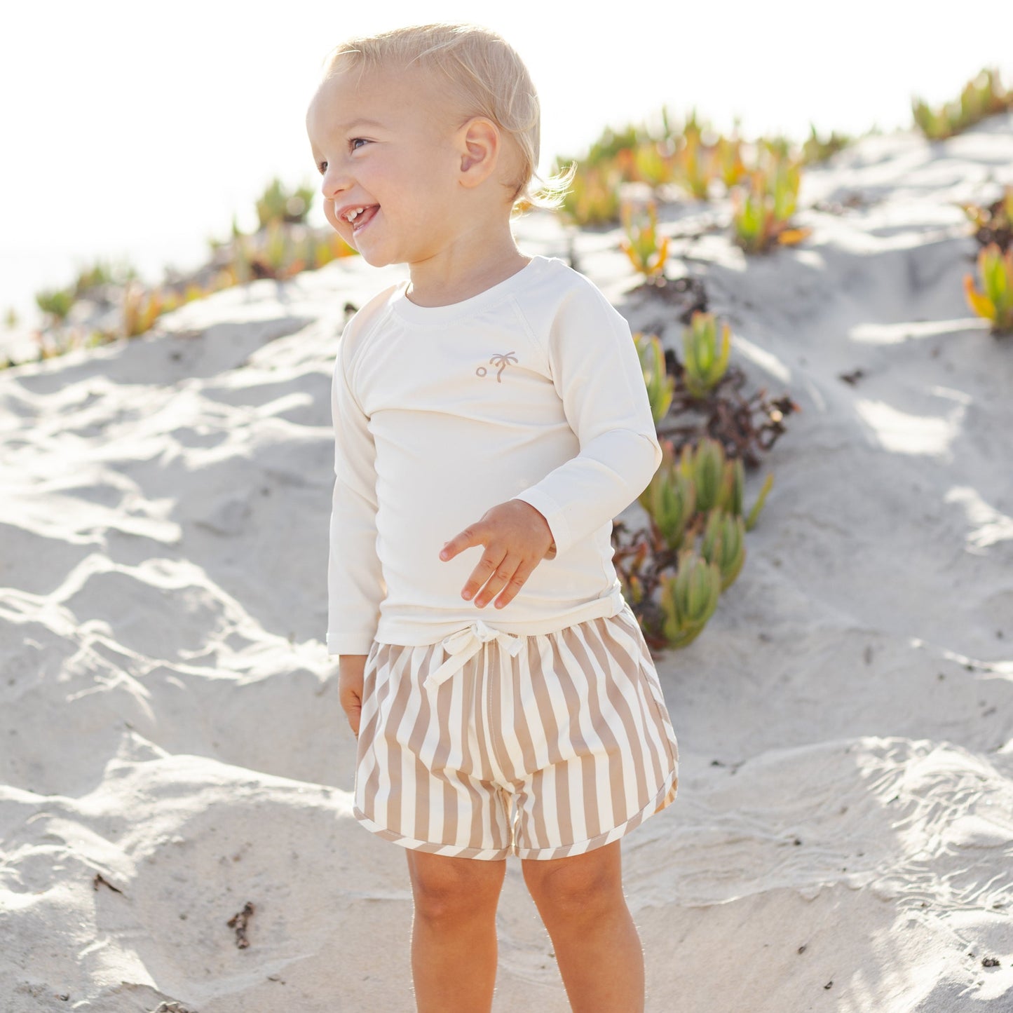 Quincy Mae Boys Swim Short - Retro Latte Stripe