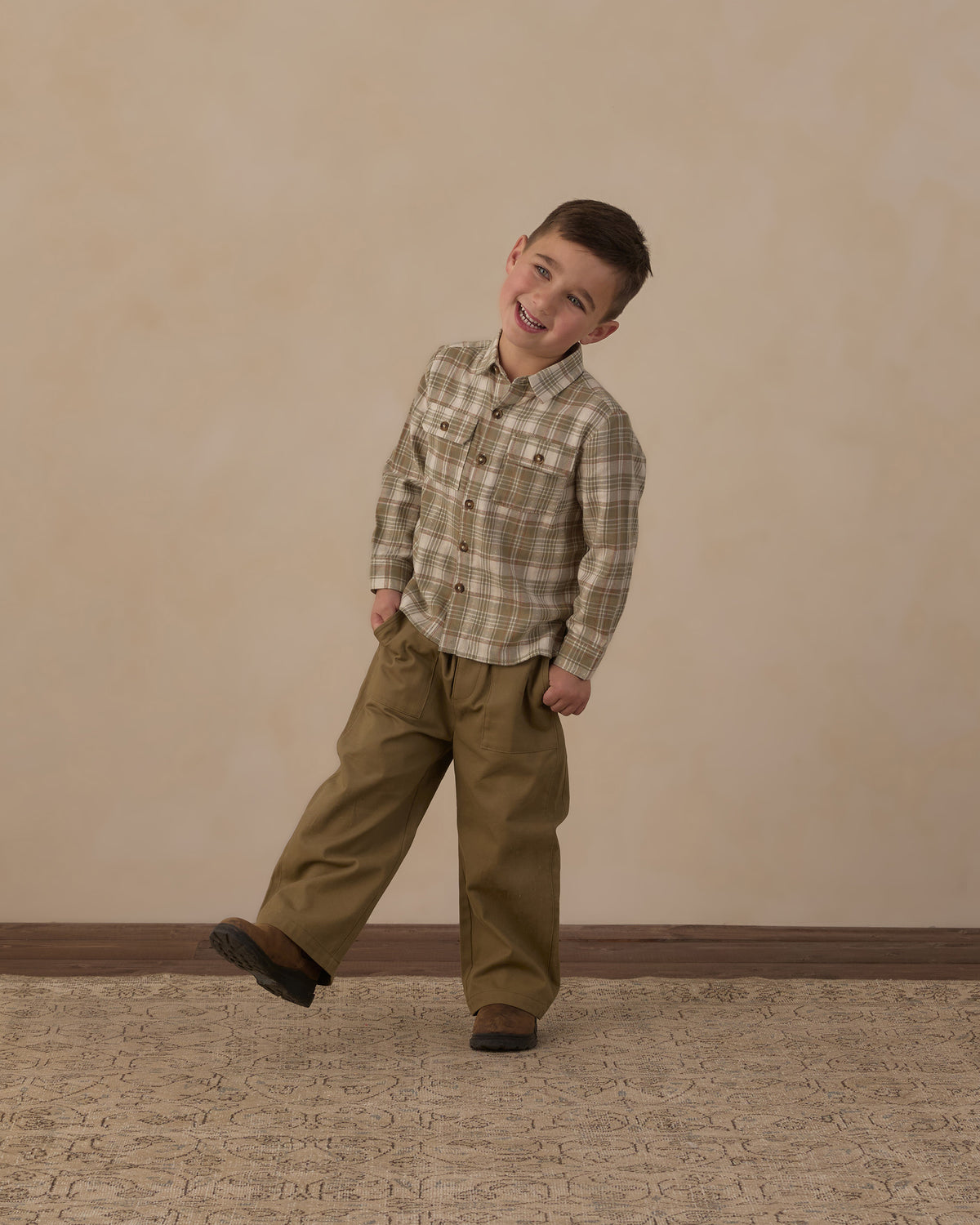 Rylee and Cru Pocketed Corduroy Shirt - Olive Dobby Plaid