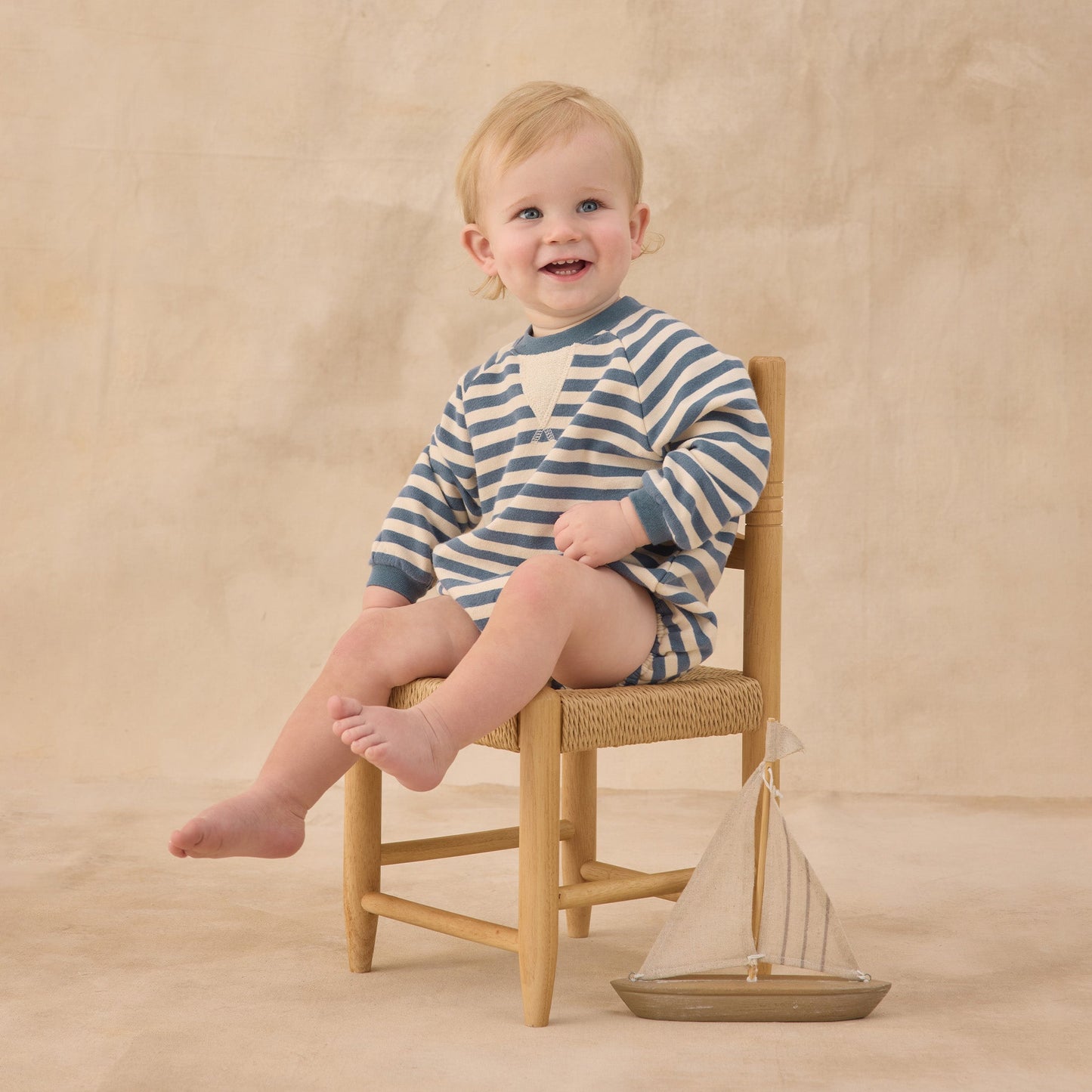 Rylee and Cru Crewneck Romper - Marine Stripe