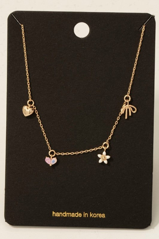 Fame Dainty Flower Heart Bow Charms Chain Necklace