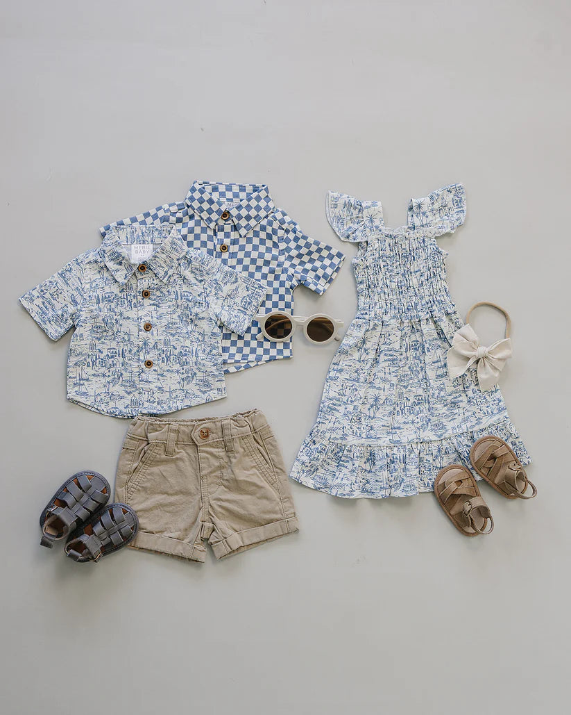 Mebie Baby Blue Checkered Linen Button Up