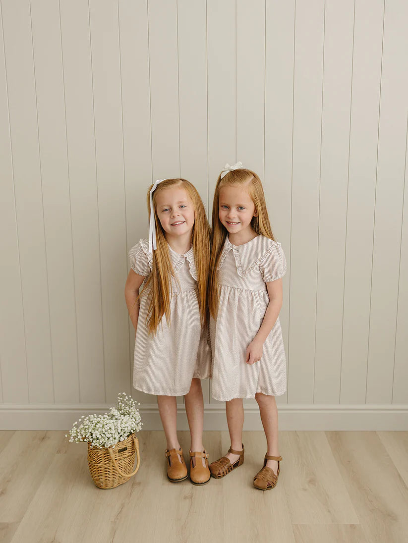 Mebie Baby Taupe Stripe Peter Pan Collar Dress