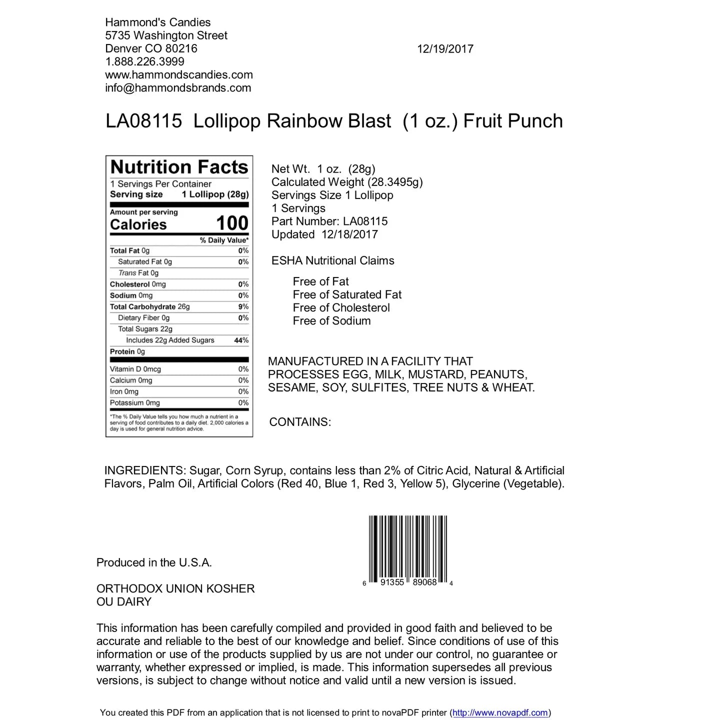 Hammonds Candies Handmade Lollipop - Rainbow Blast Fruit Punch