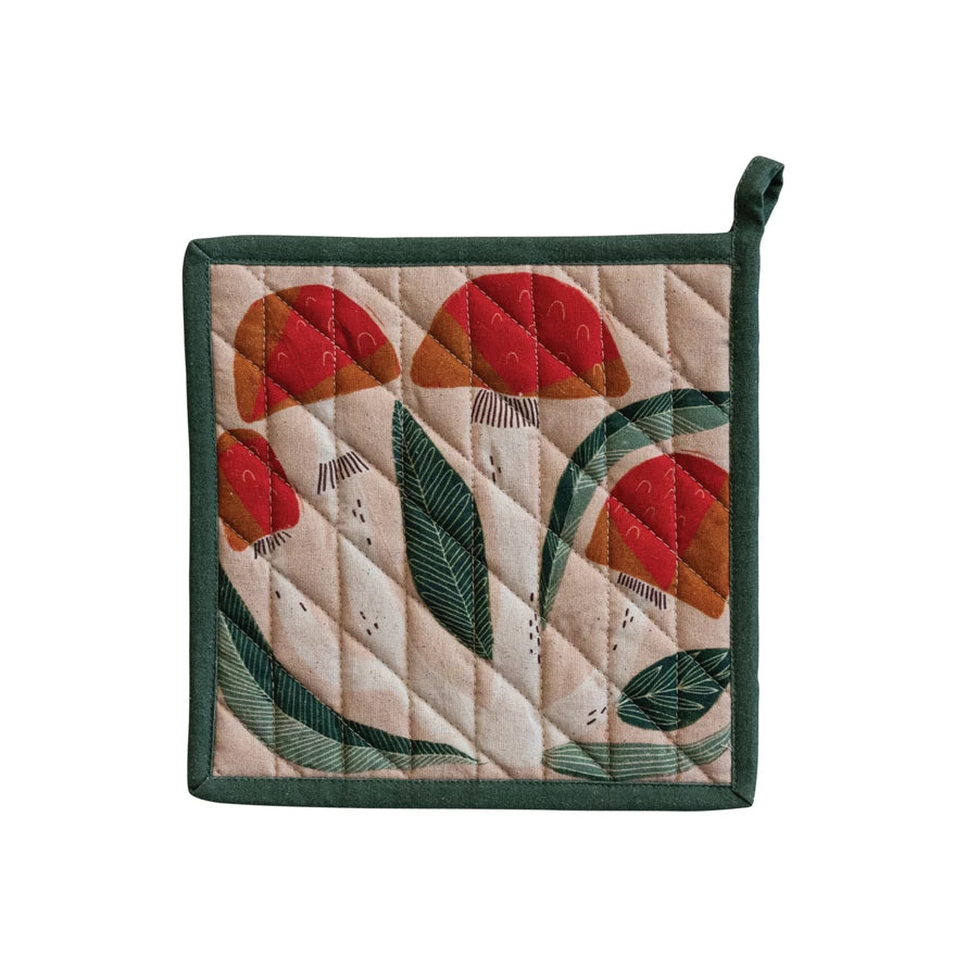 Creative Co-op Quilted Cotton Pot Holder with Mushrooms