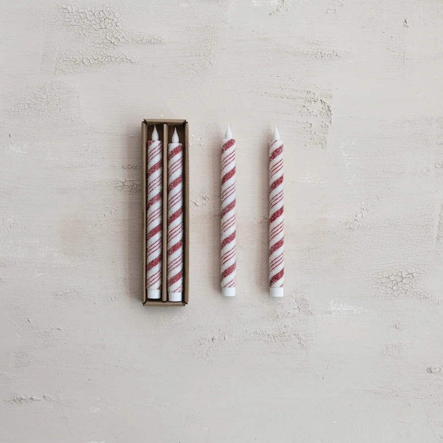 Creative Co-op Candy Cane Led Taper Candles with Timer – Set of 2