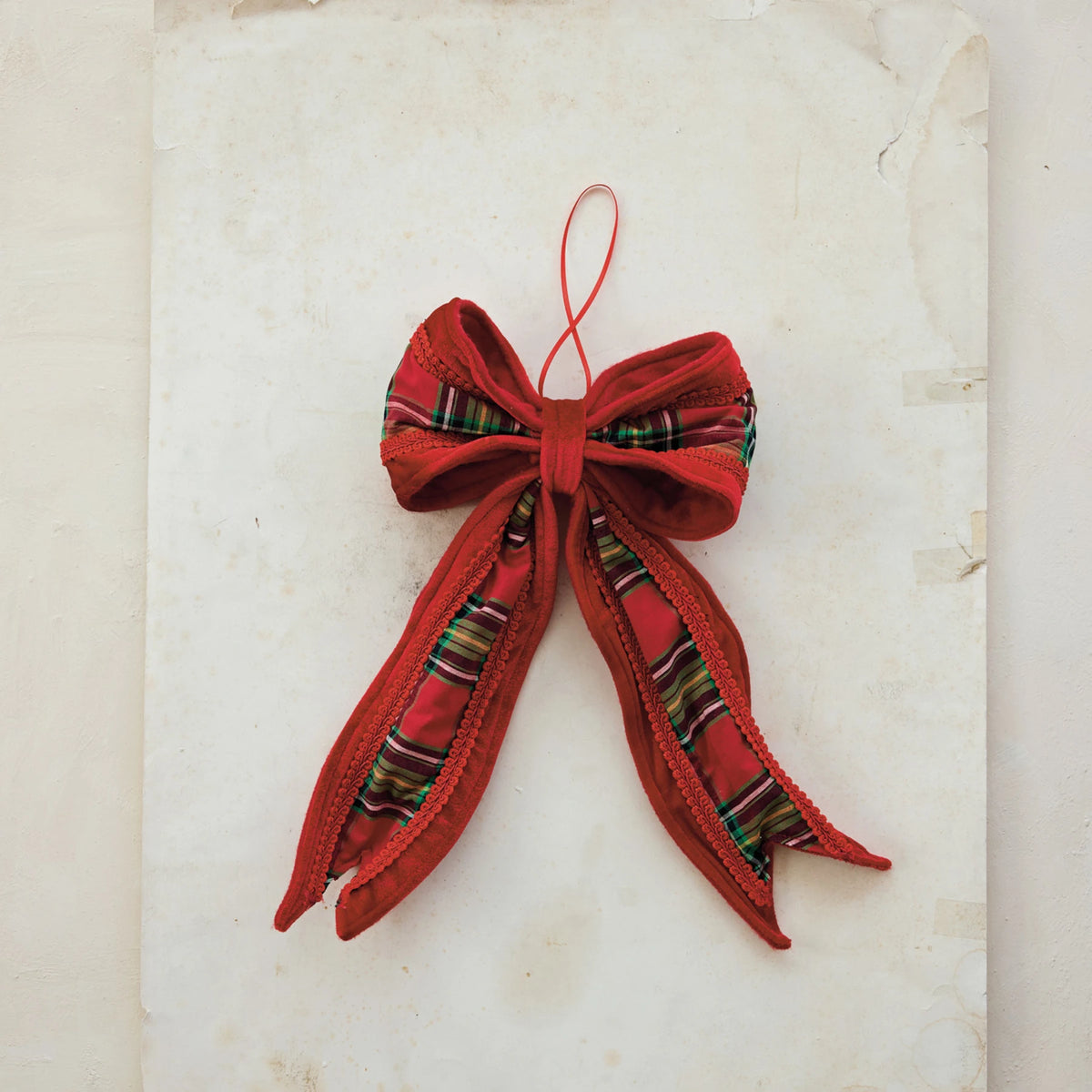 Creative Co-op Plaid Fabric Bow Ornament – Red & Green