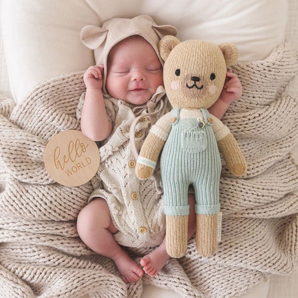 Newborn baby lying next to Cuddle and Kind Charlie the Honey Bear - Little 13"