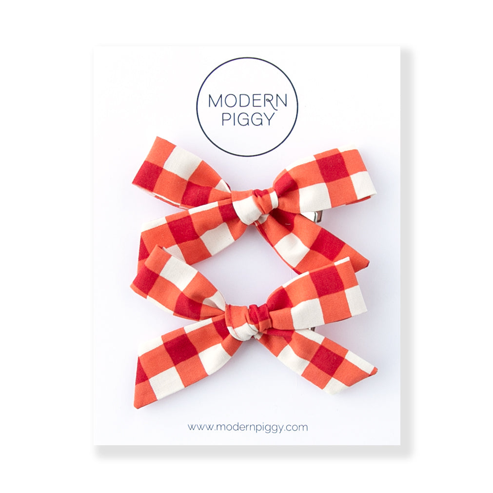 Modern Piggy Pigtail Set Hand-Tied Bow - Alligator Clip  - Red Gingham
