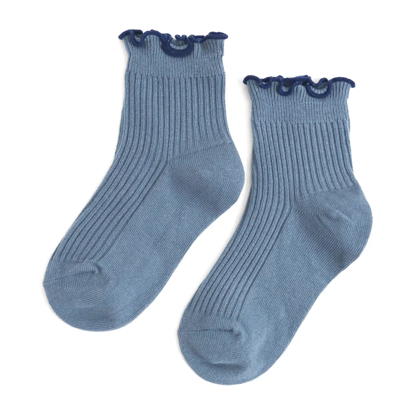 Little Stocking Co Ribbed Lettuce Trim Midi Socks - Denim/Navy