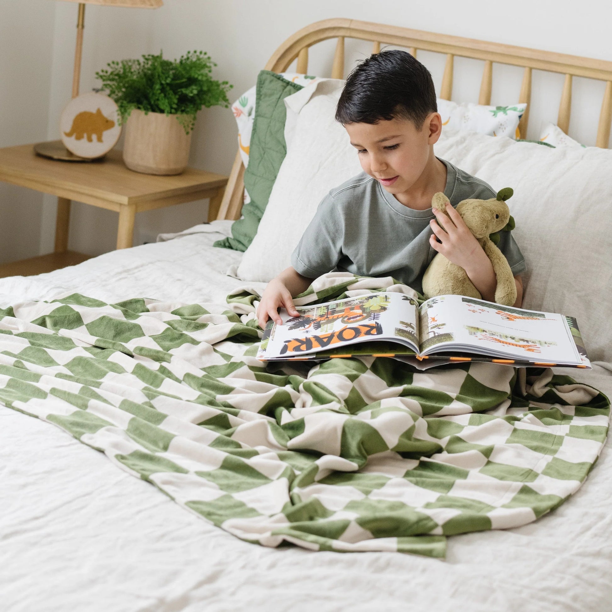Boy Reading with Saranoni Receiving Minky Stretch Blanket  - Olive Checkered
