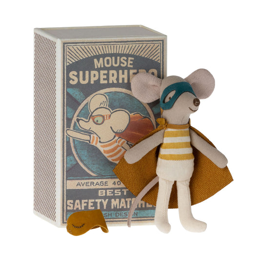 Maileg Little Brother Super Hero Mouse in Matchbox - Yellow Stripe - Yellow Stripe
