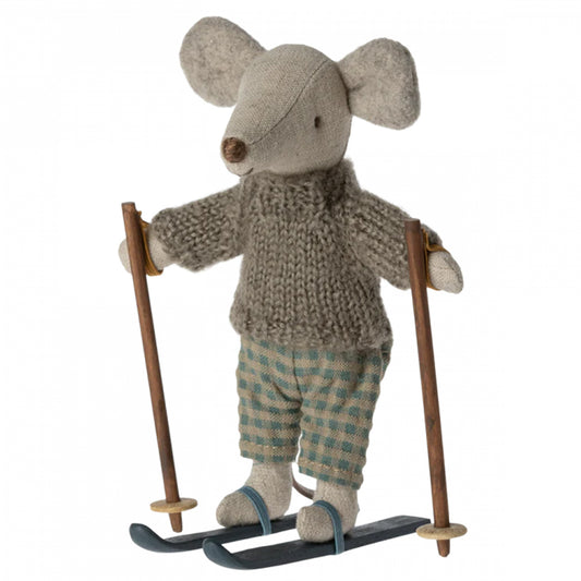 Maileg Big Brother Winter Mouse with Ski Set - Grey and Blue