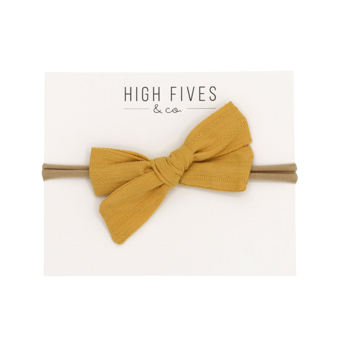 High Fives Patterened Linen Bow Nylon Headband - Mustard
