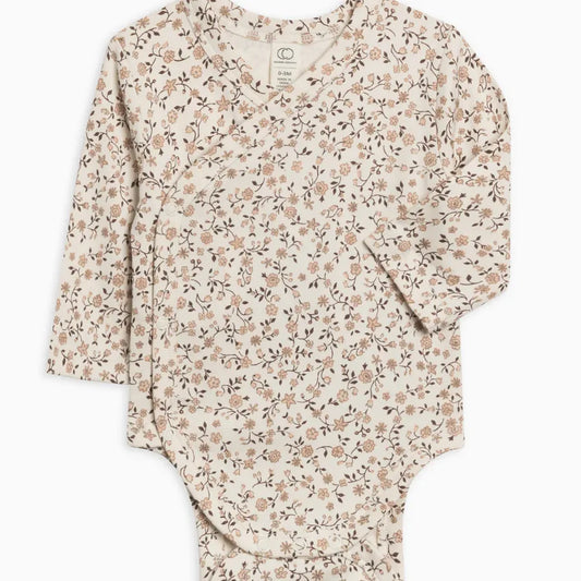 Colored Organics Kai Kimono Bodysuit - Primrose Floral / Chestnut + Taupe