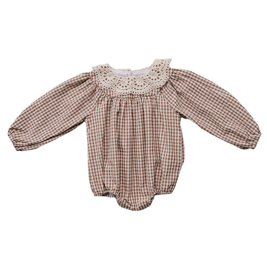 Mebie Baby Camel Gingham Lace Bubble Romper