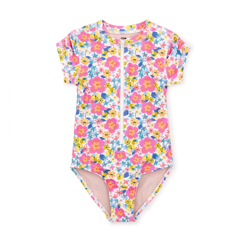 Tea Collection Rash Guard One-Piece Swimsuit - Tropical Hibiscus Floral