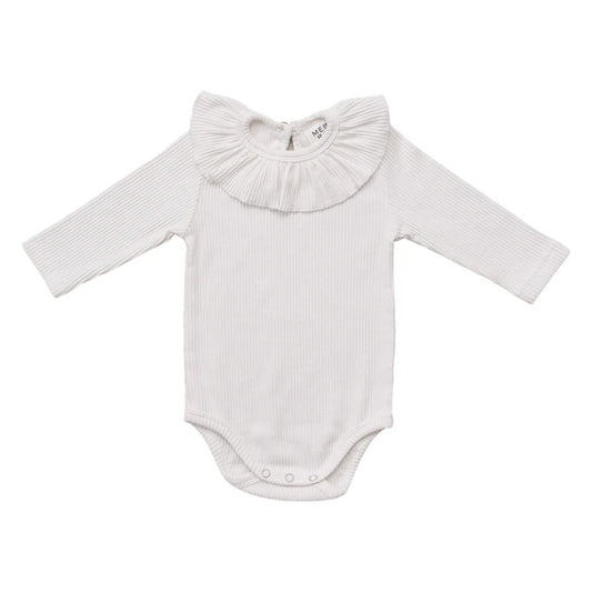 Mebie Baby White Ribbed Ruffle Bodysuit