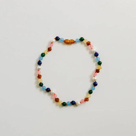 CanyonLeaf Raw Baltic Amber and Pearl Necklace + Sweet Pink Gemstones