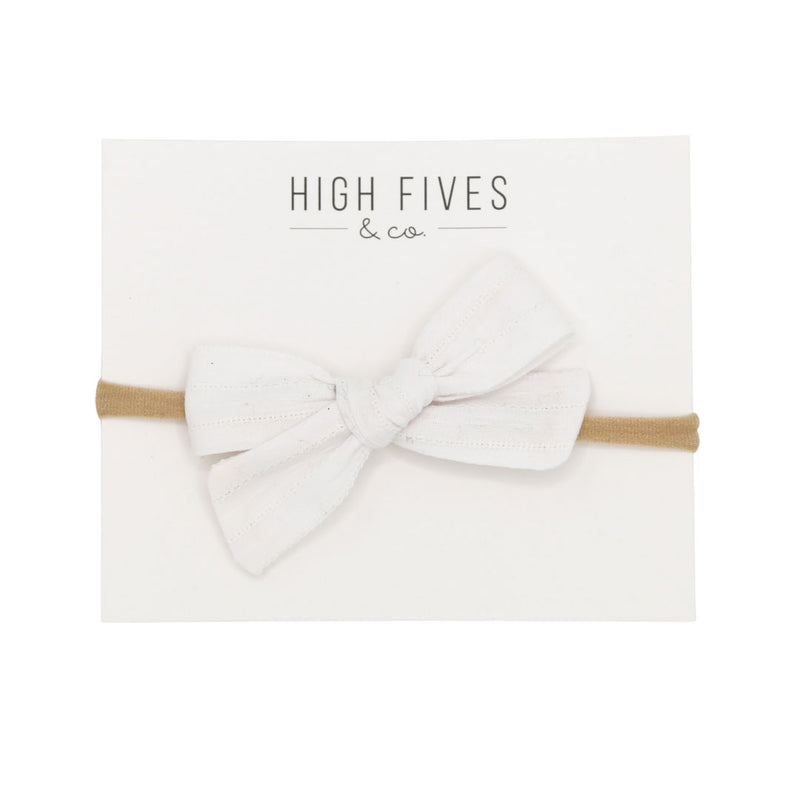 High Fives Patterened Linen Bow Nylon Headband - White