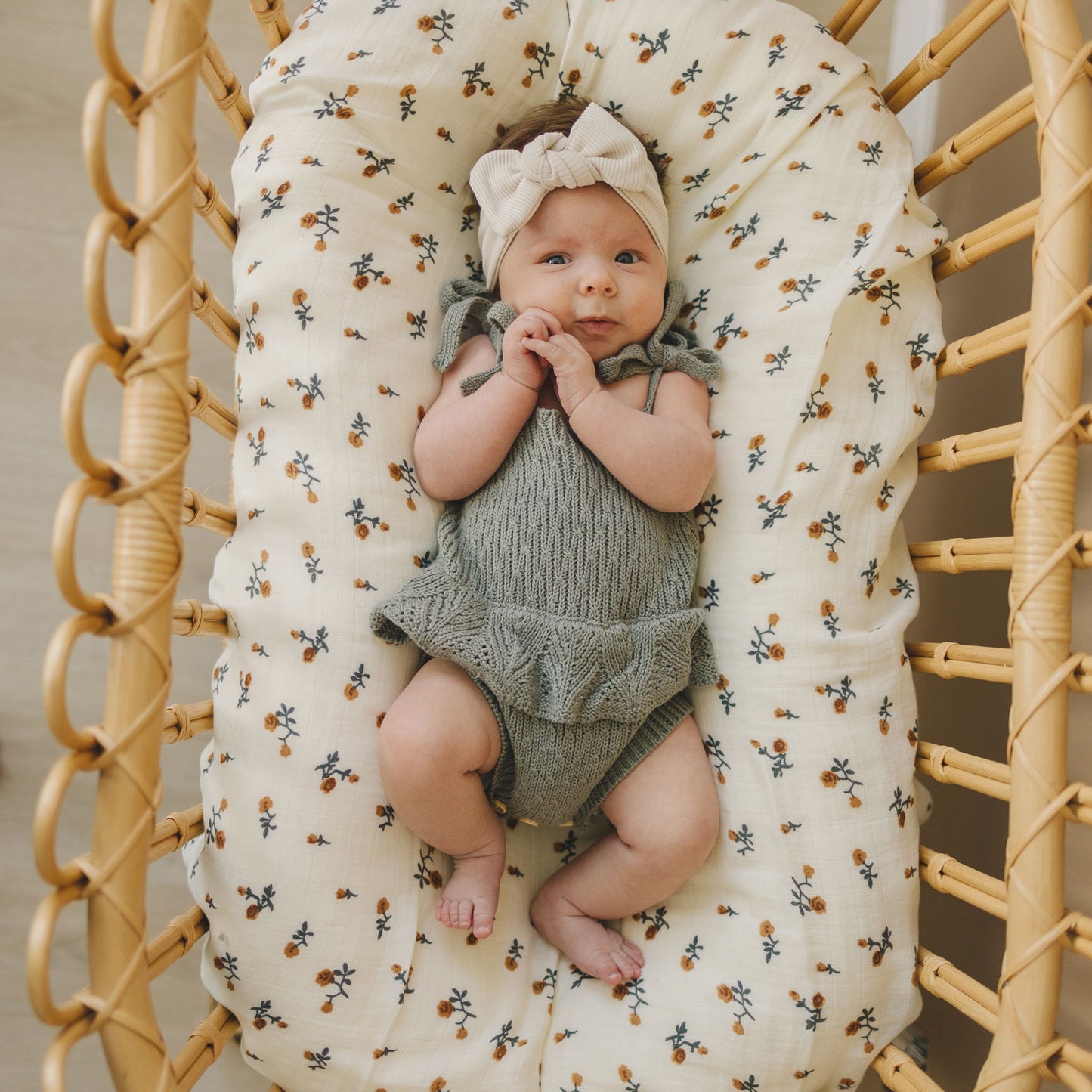 baby wearing Mebie Baby Ruffle Knit Bubble Romper - Sage 
