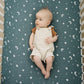 Baby wearing Mebie Baby Short Linen Overalls - Oatmeal
