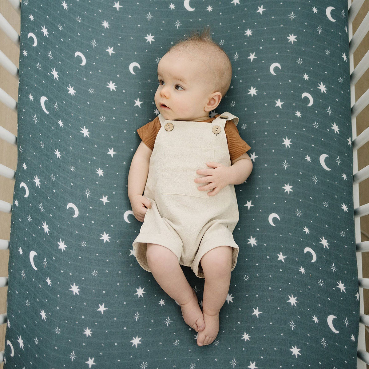 Baby wearing Mebie Baby Short Linen Overalls - Oatmeal