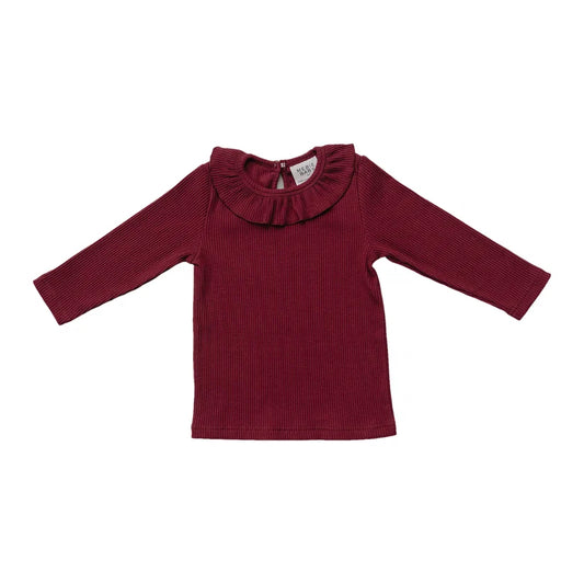 Mebie Baby Burgundy Ribbed Ruffle Long Sleeve Top