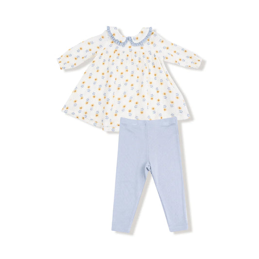 Angel Dear Muslin Peter Pan Collar Dress and Ribbed Leggings - Western Sunflower - Eyelet Trim