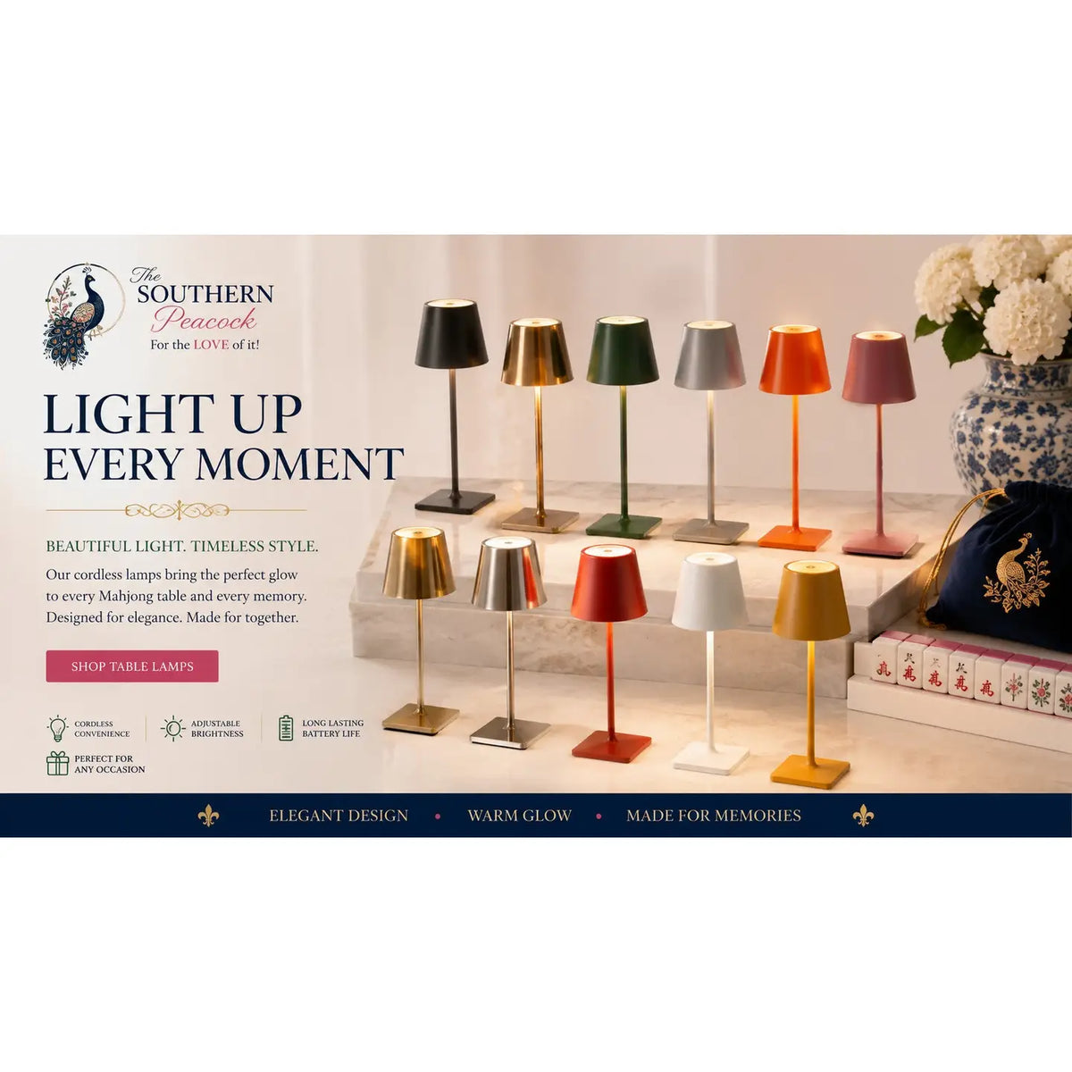 The Southern Peacock Cordless Rechargeable Table Lamp with Touch Dimming