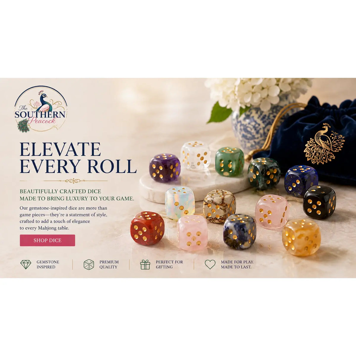 The Southern Peacock Natural Semi-Precious Gemstone Mahjong Dice – Set of 2