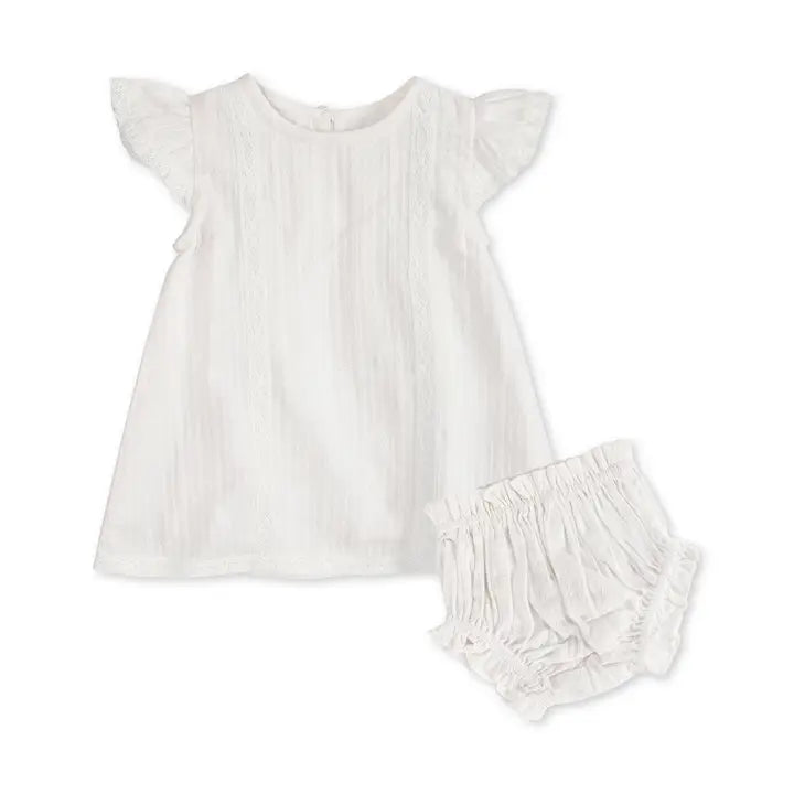 Viverano Organics Noelle Dobby Organic A Line Baby Dress + Bloomer - White