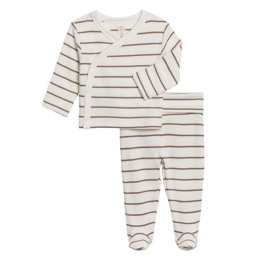 Colored Organics Organic Riley Kimono Wrap Top and Pant Set - Kade Stripe / Taupe