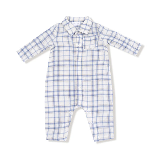 Angel Dear Longsleeve Polo Romper with Full Placket - Blue Plaid