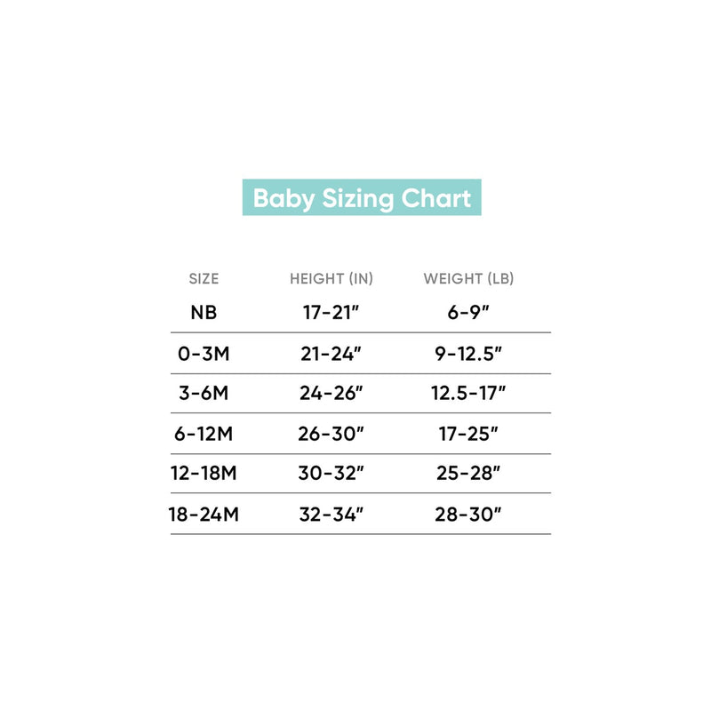 Size chart for Copper Pearl Rib Knit Zip-up Footie - Periwinkle