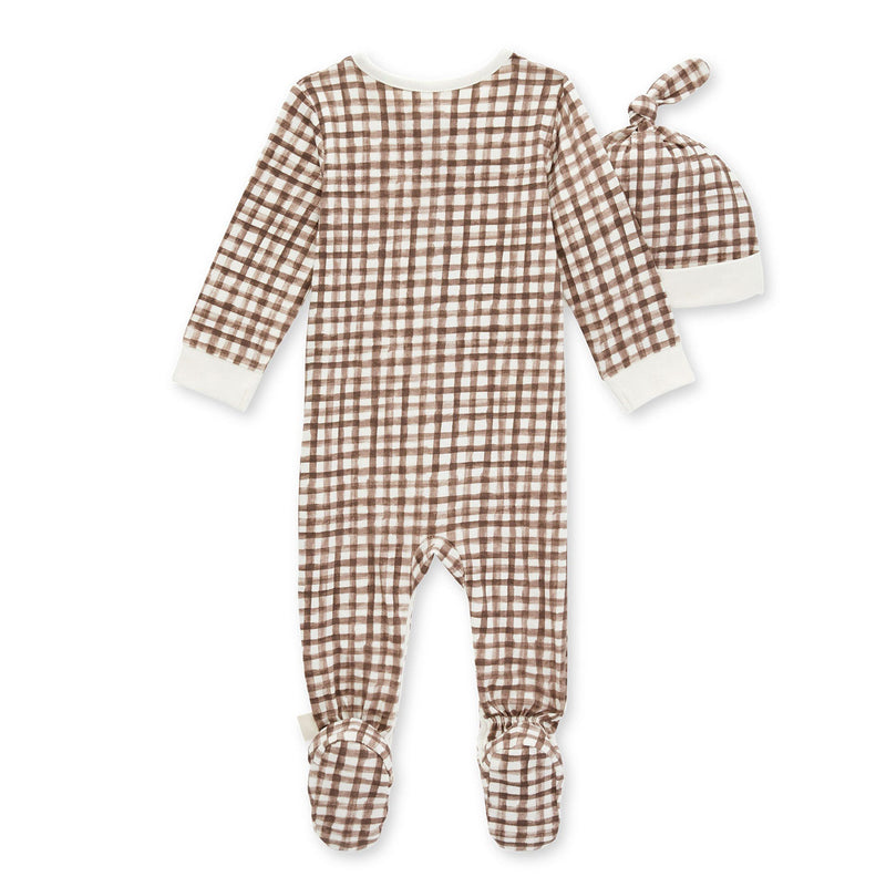 Burt's Bees Organic Cotton Footed Jumpsuit & Knot Top Hat Set - Micro Gingham - Chestnut