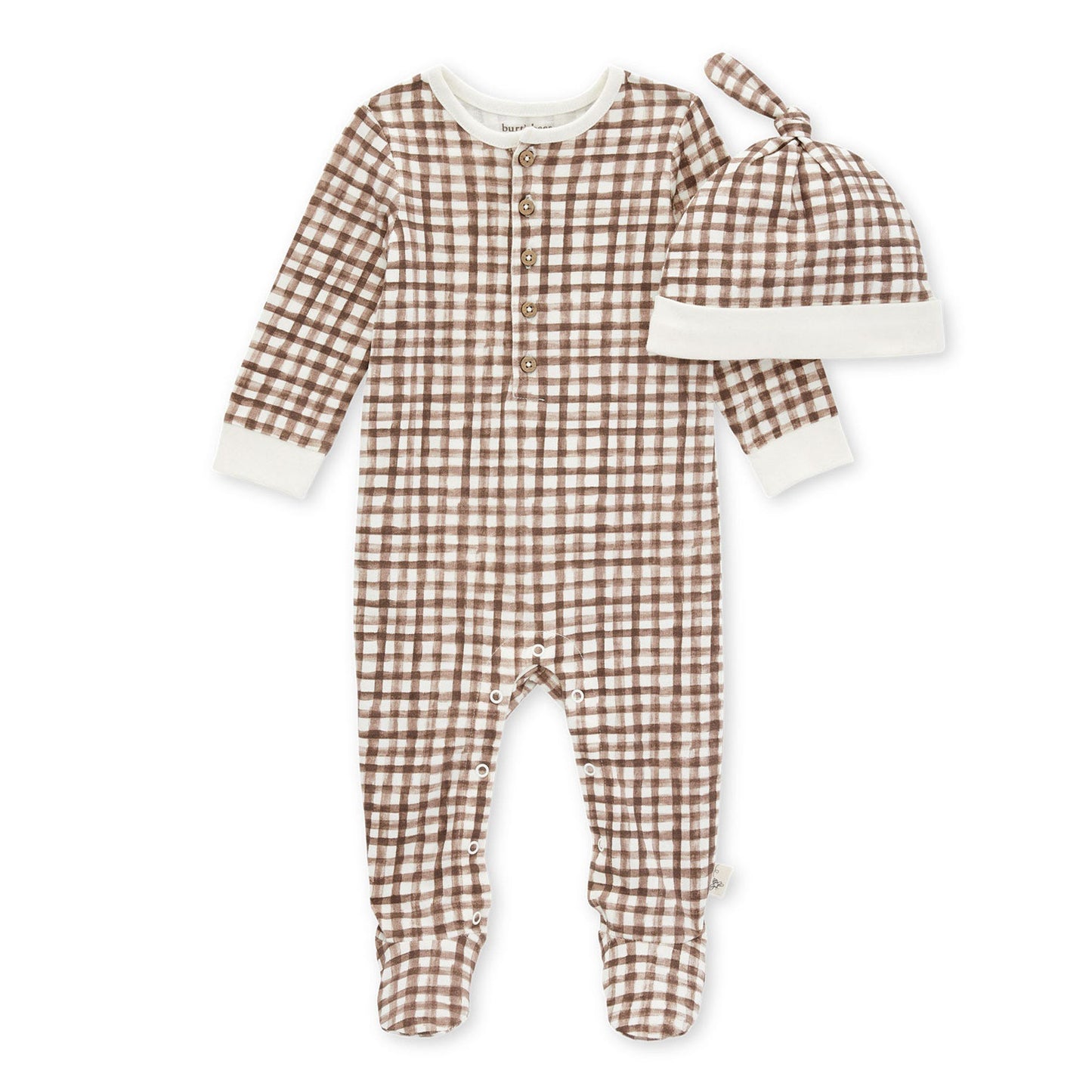 Burt's Bees Organic Cotton Footed Jumpsuit & Knot Top Hat Set - Micro Gingham - Chestnut