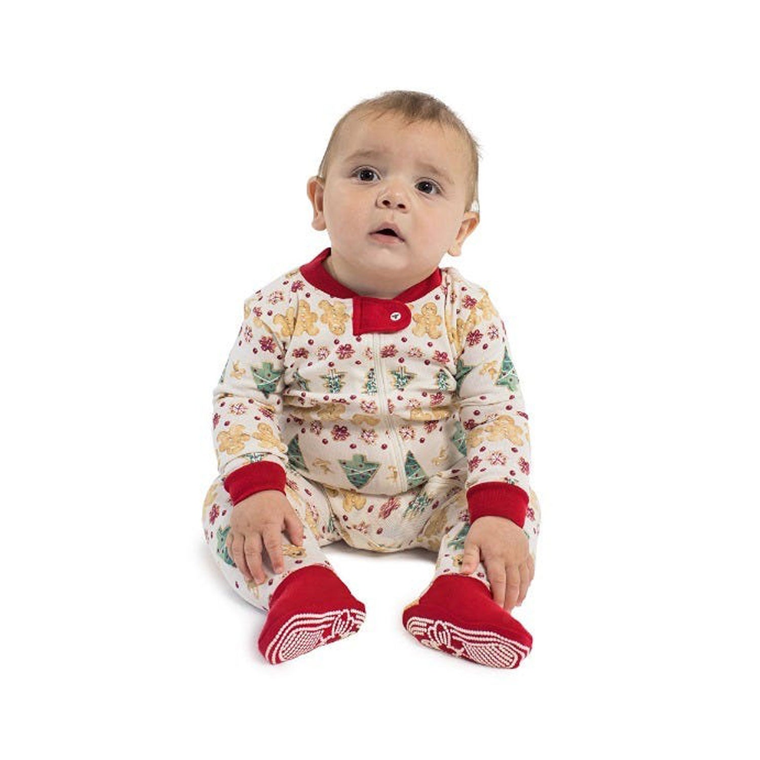 Baby wearing Burt's Bees Organic Cotton Sleeper - Gingerbread Fair Isle - Cardinal