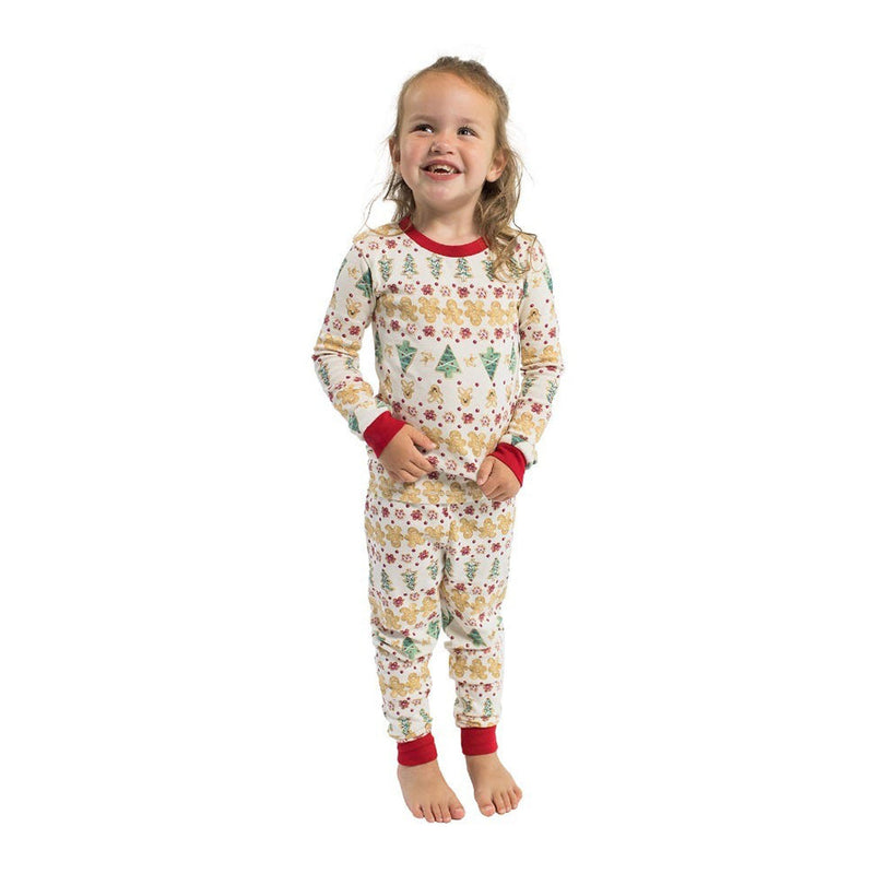 Little girl wearing Burt's Bees Organic Cotton Tee & Pant PJ Set - Gingerbread Fair Isle - Cardinal