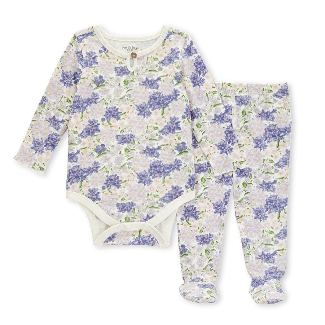 Burt's Bees Organic Cotton Baby Bodysuit & Footed Pant Set - Floral Bundle - Purple Kale