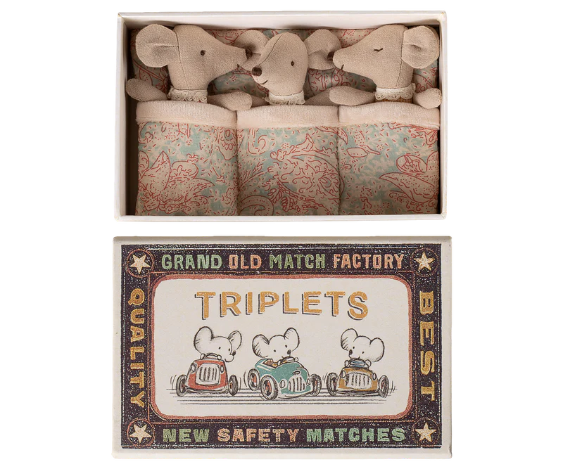 Maileg Baby Mice In Matchbox - Checker Triplets