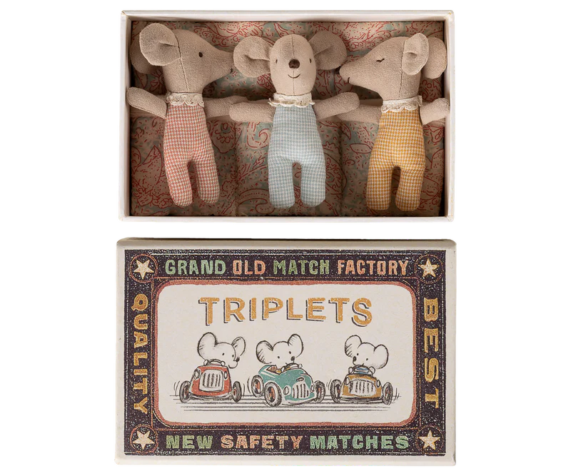 Maileg Baby Mice In Matchbox - Checker Triplets