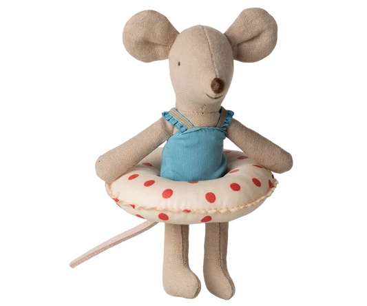 Maileg Little Sister Beach Mouse With Float - Red Dots
