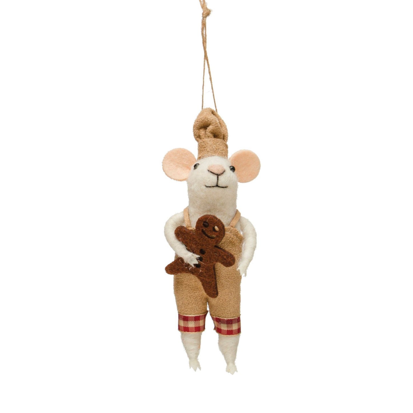 Creative Co-op Wool Felt Mouse in Outfit Ornament - Baker with Gingerbread Man